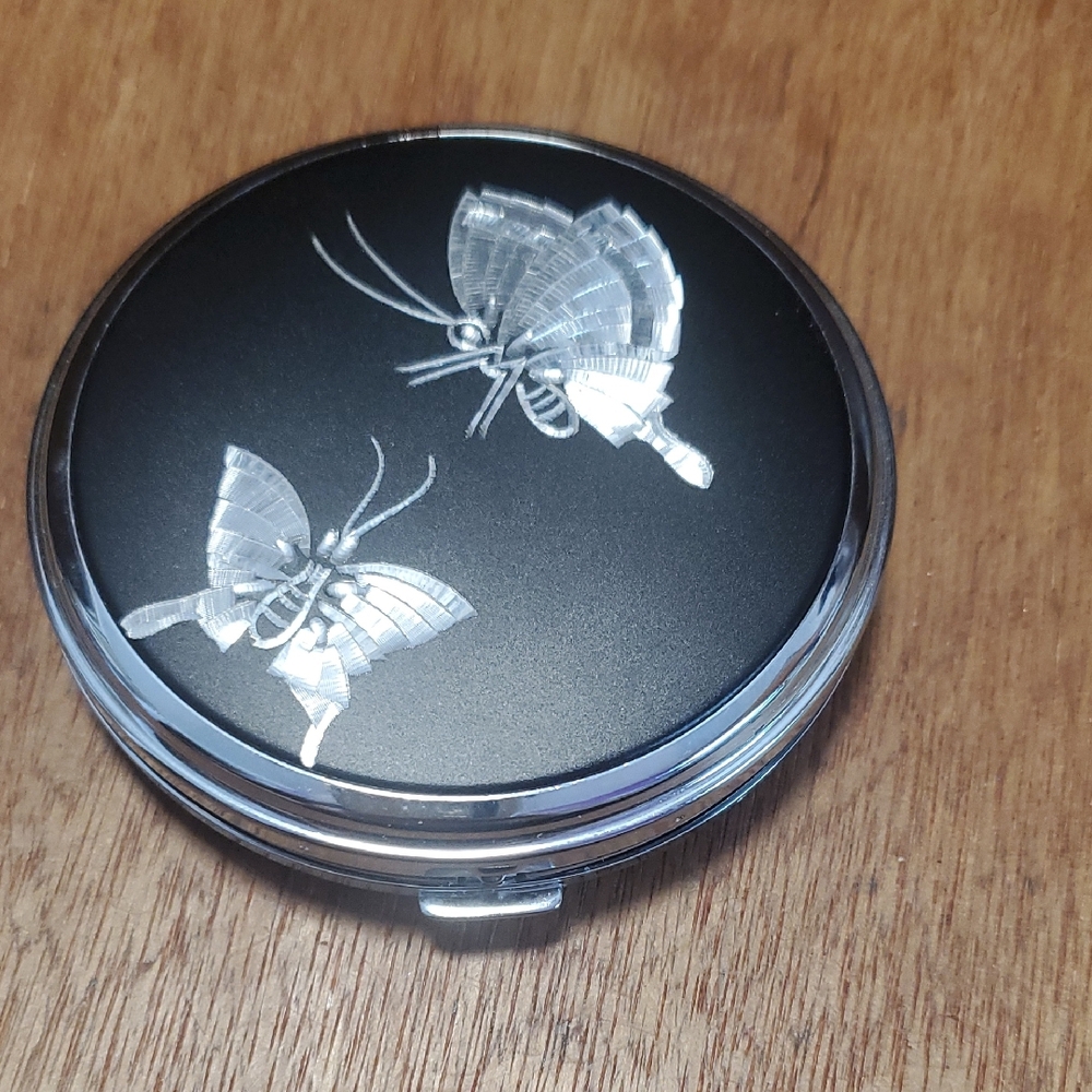 Black Compact Mirror with Silver Butterflies